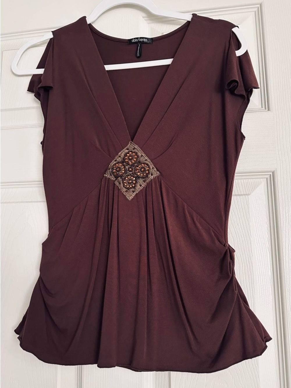Daisy Fuentes Brown V-Neck Embellished Tunic